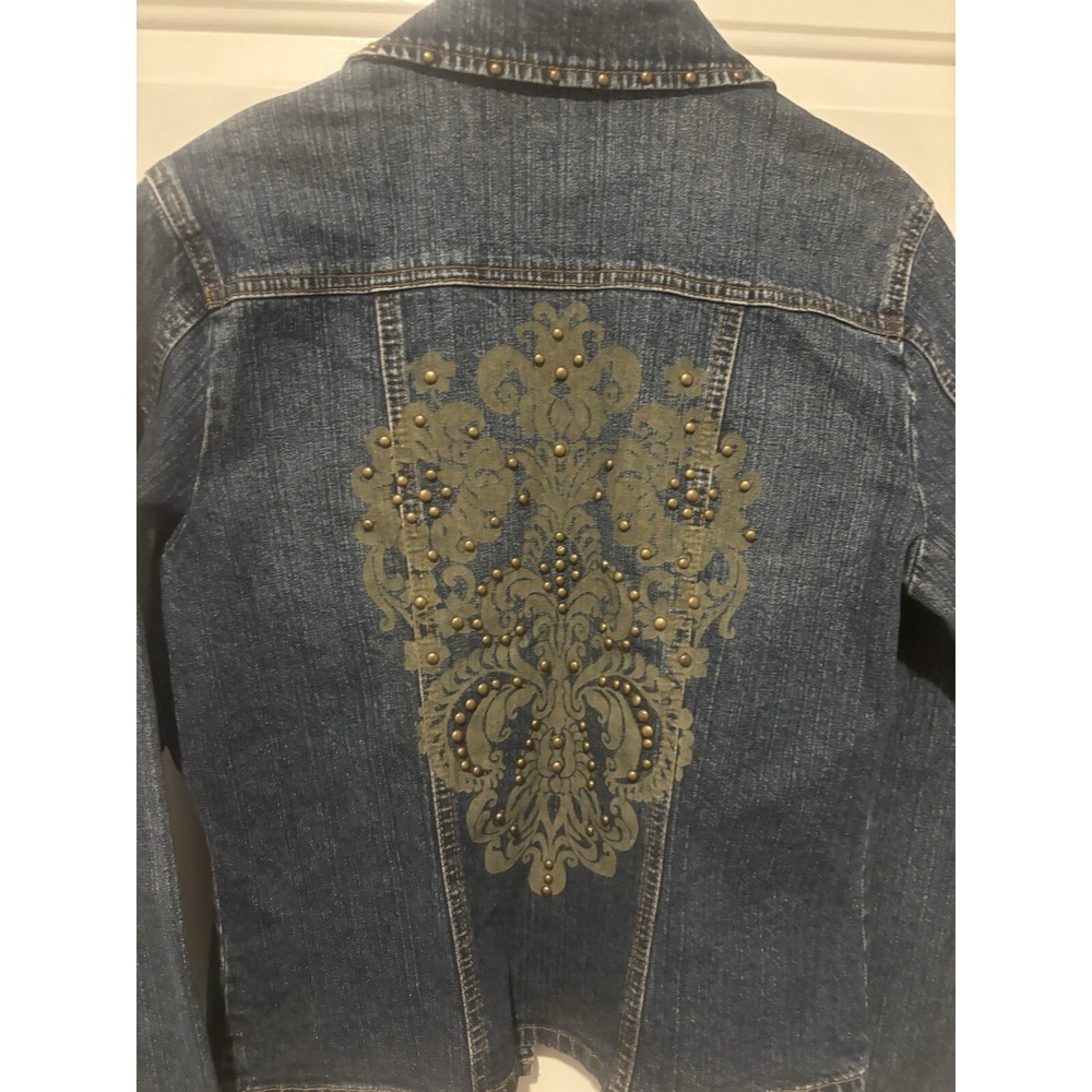 Willi Smith Denim Studded Jean Jacket Small Trucker Embroidered Gold Blue - Picture 10 of 15